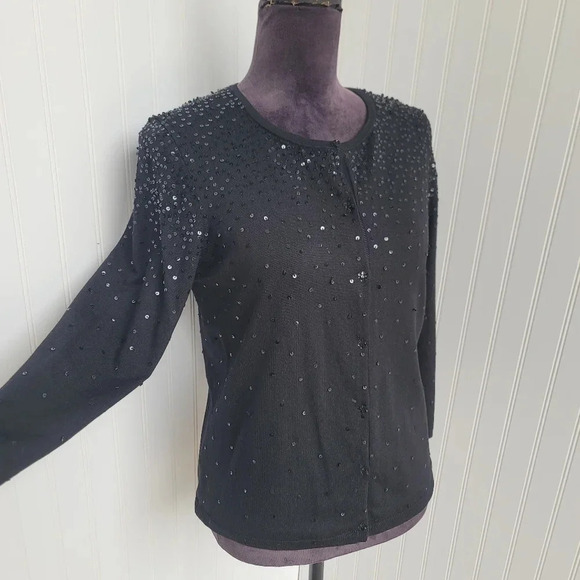 Sigrid Olsen Gorgeous Womens Silk Blend Knit Beaded Snap Cardigan Black Sequin M - Picture 7 of 10
